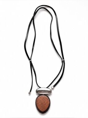 Minimalist Black Leather Necklace with Wood Pendant